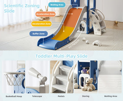 Toddler Slide & Climber Playset L-Shaped Indoor Outdoor Playground with Basketball Hoop Storage Telescope Easy Assembly Birthday Gift Boys Girls