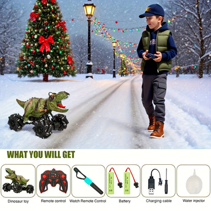 Dinosaur Stunt Remote Control Car with Lights, Sounds, And Spray Function - Monster Stunt Truck Toy Perfect for Indoor And Outdoor All-terrain Fun Durable Construction with Side-to-side Parallel Movement Ideal Birthday, Or Easter