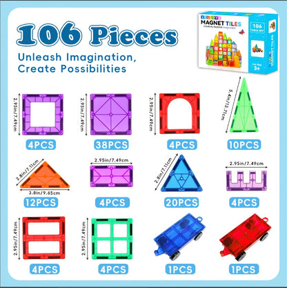 [Birthday Gifts] 80/106/136pcs Magnetic Tiles for Kids, Magnetic Building Blocks With 2 Cars, Magnet Tiles Construction Building Toys, STEM Sensory Toys Birthday Gifts Toys for Kids Boys Girls 3 4 5 6 7 8 9+ Year