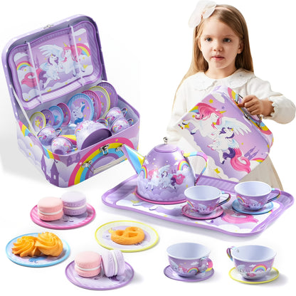 Unicorn Princess Tea Party Set For Little Girls: Purple Tin Teapot + Cups + Plates, Pretend Play Kitchen Toys For Kids, Perfect Easter/Birthday Gift For Kids Girls, Multi-Item Party Favor Packs For Children