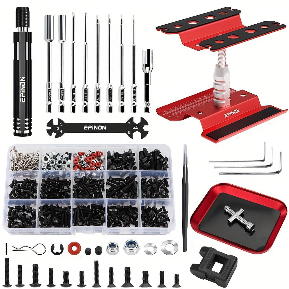 RC Car Maintenance Stand Tool Kit – EPINON 360° Rotating Work Stand with 520PCS Screws, Aluminum Screwdriver Set & Tray, Compatible with 1/8 1/10 1/12 1/16 1/18 Scale RC Cars Crawlers Trucks Buggies (Red/Blue)