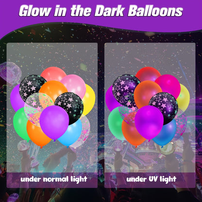 UV Neon Glow Balloons 42 Pcs Assorted – 12 Inch Blacklight Fluorescent Glow in the Dark Balloons with Neon Stars for Glow Party, Birthday, Wedding & Halloween Decorations