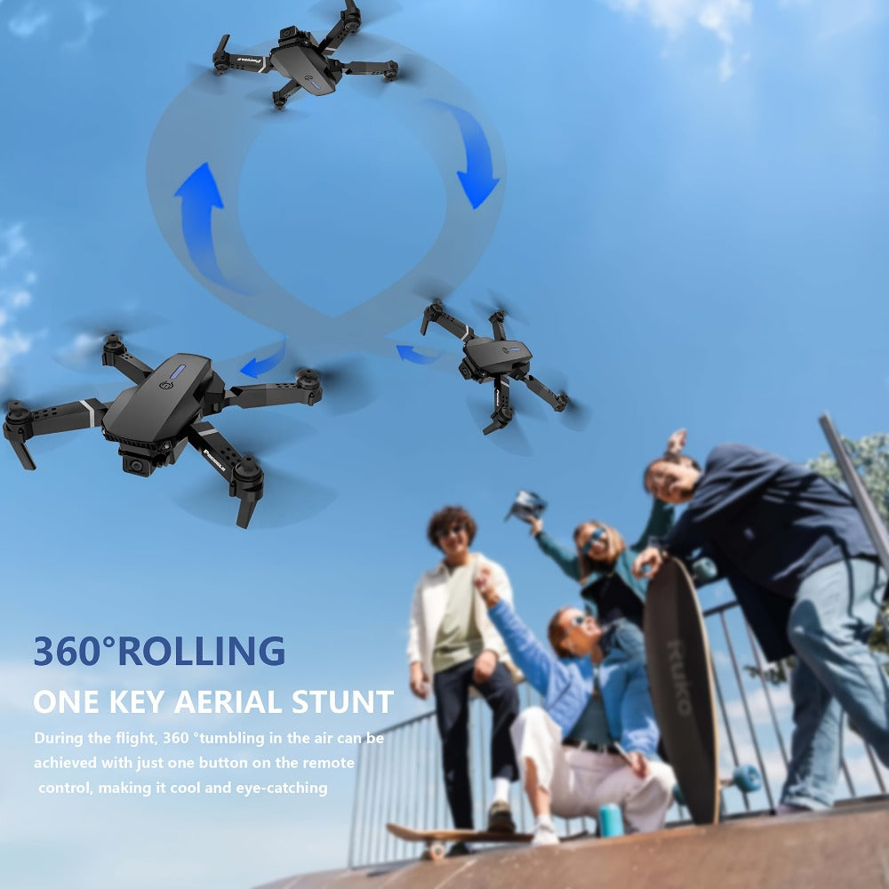 E88 Dual Camera Drone with 360° Stunt Flip & Surround Flight – Optical Flow Positioning, Intelligent Height Hold, Foldable Portable Body, 500mAh Battery, Indoor Outdoor RC Quadcopter for Adventure
