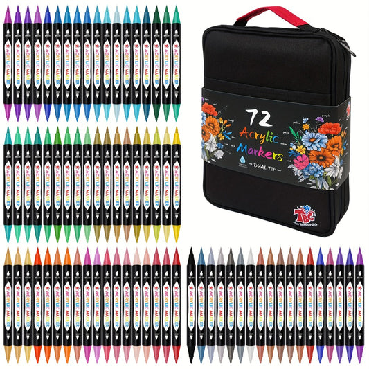 Acrylic Paint Markers with Canvas Bag Dual Tip 48 72 108 Colors – Double Zipper Premium Storage, Non-Toxic Odorless Paint Pens for Canvas Rock Wood Glass Fabric, Artist Gift