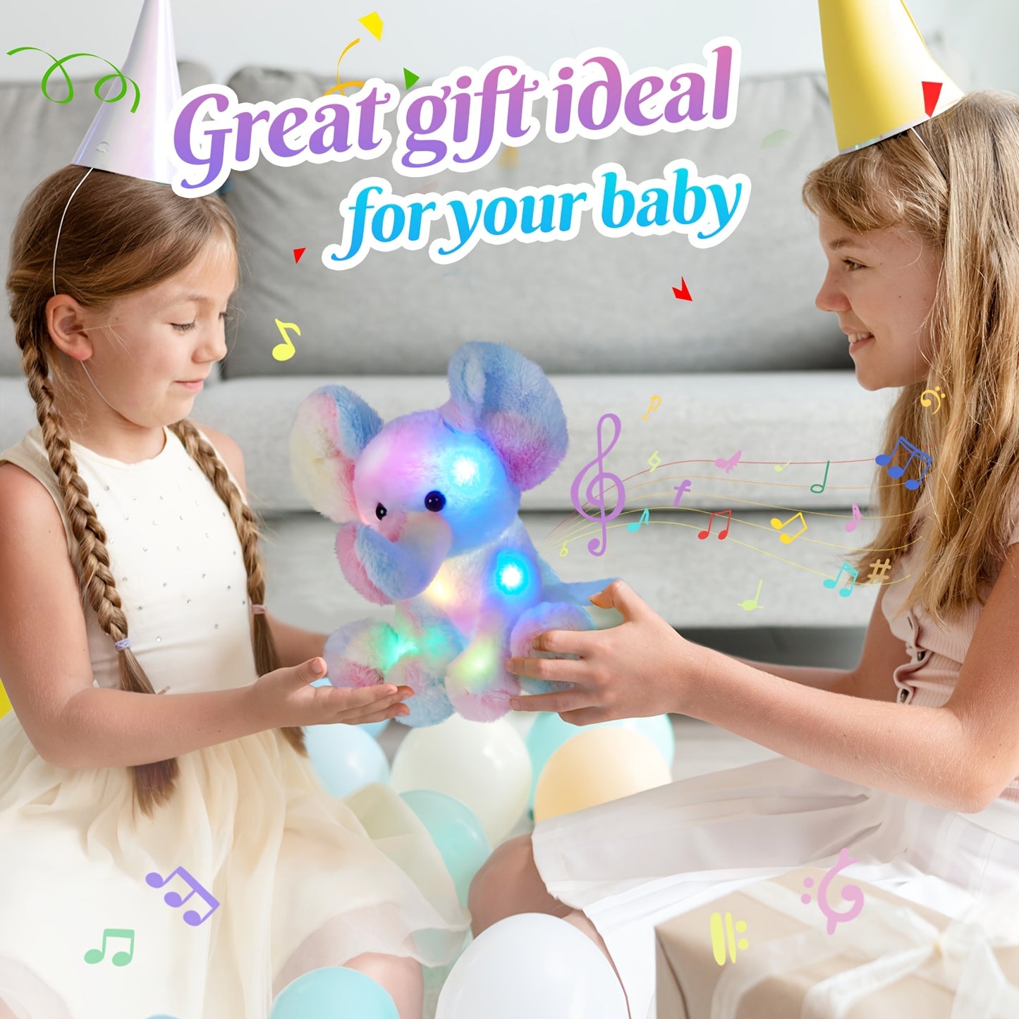 12 Inch Musical Light Up Rainbow Elephant Plush Stuffed Animal(Without Batteries), LED Singing Soft Wild Animal Plush Toy with Night Light Lullaby, Birthday Kids Holiday Gift, Perfect Birthday Gift & Decor, Graduation Season Gift for Kids Boys Girls