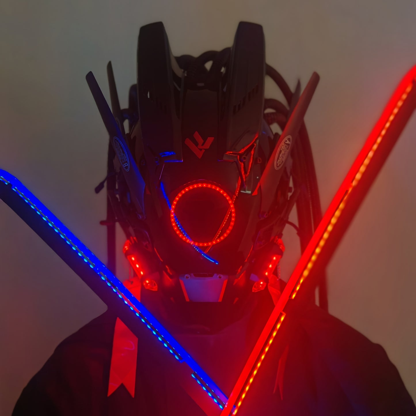 1pc Fashion Cool LED Punk Mask with Braids, Futurist Sci Fi Mechanical Mask Halloween Cosplay Samurai Mask Music Festival Party Cool Play Accessories Adult Gift