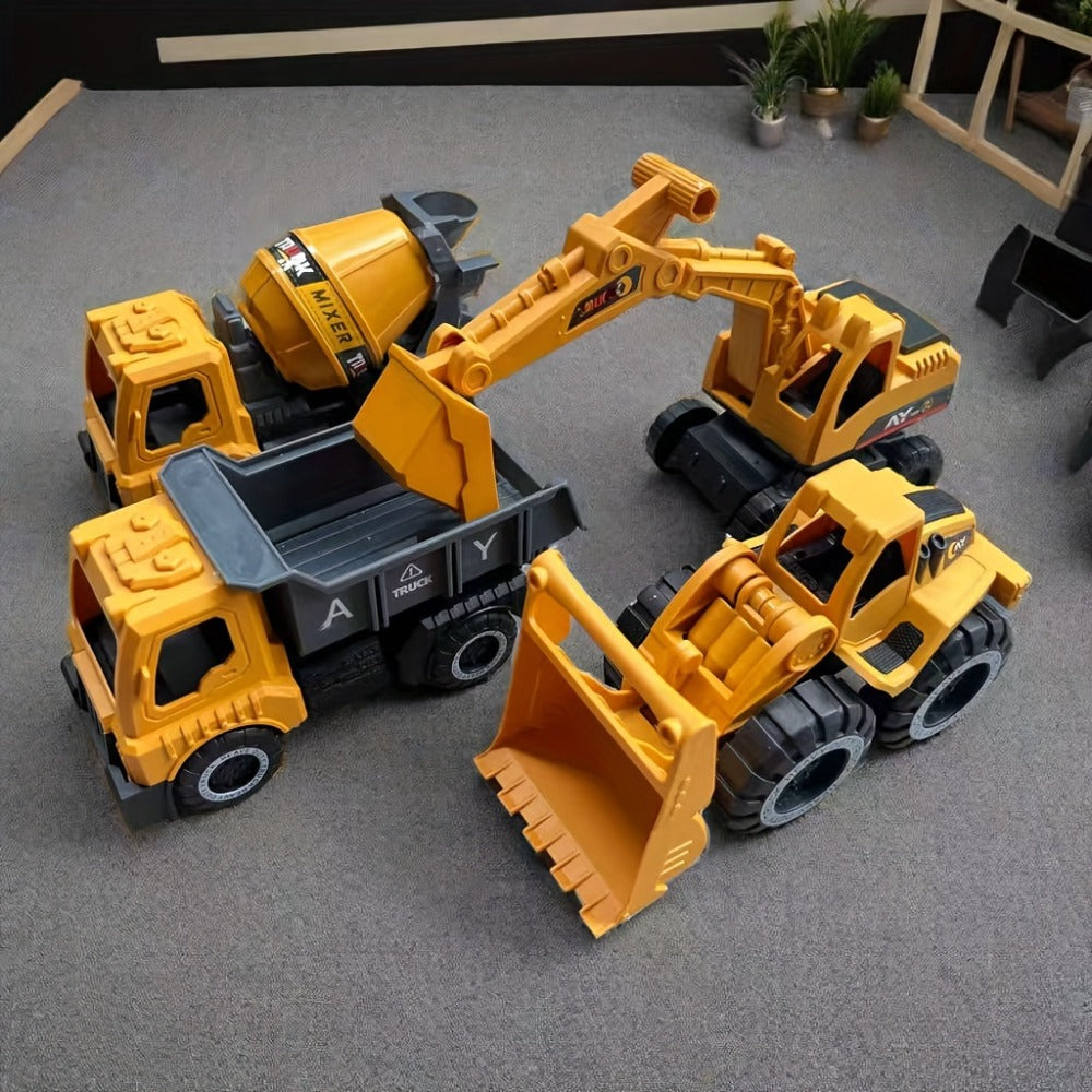 Construction Vehicle Toy Set for Kids – 4PCS Large Shatterproof Excavator, Mixer, Dump Truck & Bulldozer Engineering Cars, Push & Pull-Back Toy Trucks for Toddlers Ages 2+, Birthday Gift for Boys