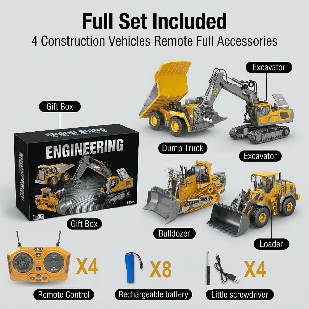 Remote Control Construction Vehicle Set 2/3/4pcs – 2.4G 11-Channel RC Excavator Dump Truck Bulldozer Alloy & Plastic Engineering Toy Car Kit for Kids Boys, Great Birthday Gift