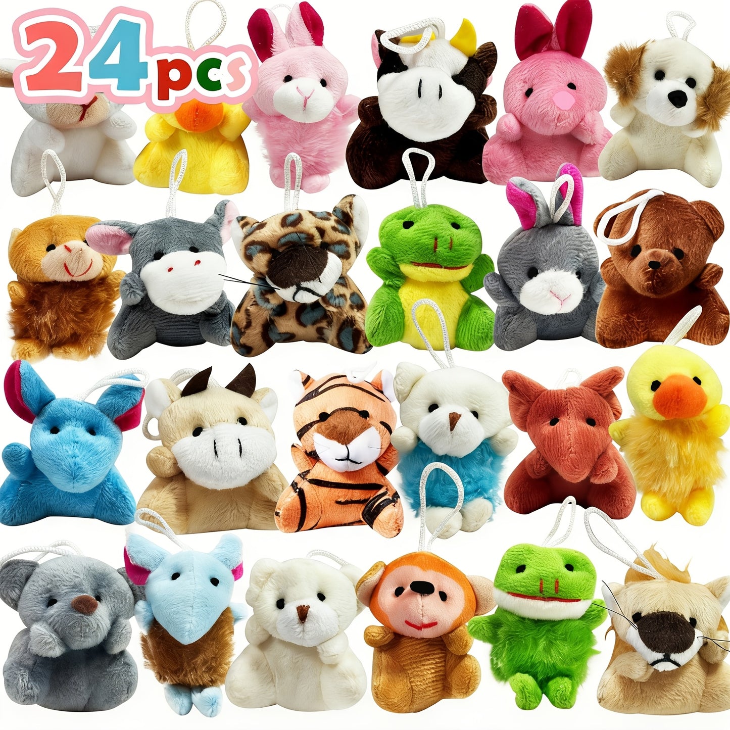 Bulk Mini Animal Plush Keychain Toy 24 Pack — Small Stuffed Animals Assorted Random Colors, Party Favors for Kids, Carnival Prizes, School Gifts, Goody Bag Fillers, Christmas Easter Halloween Valentine