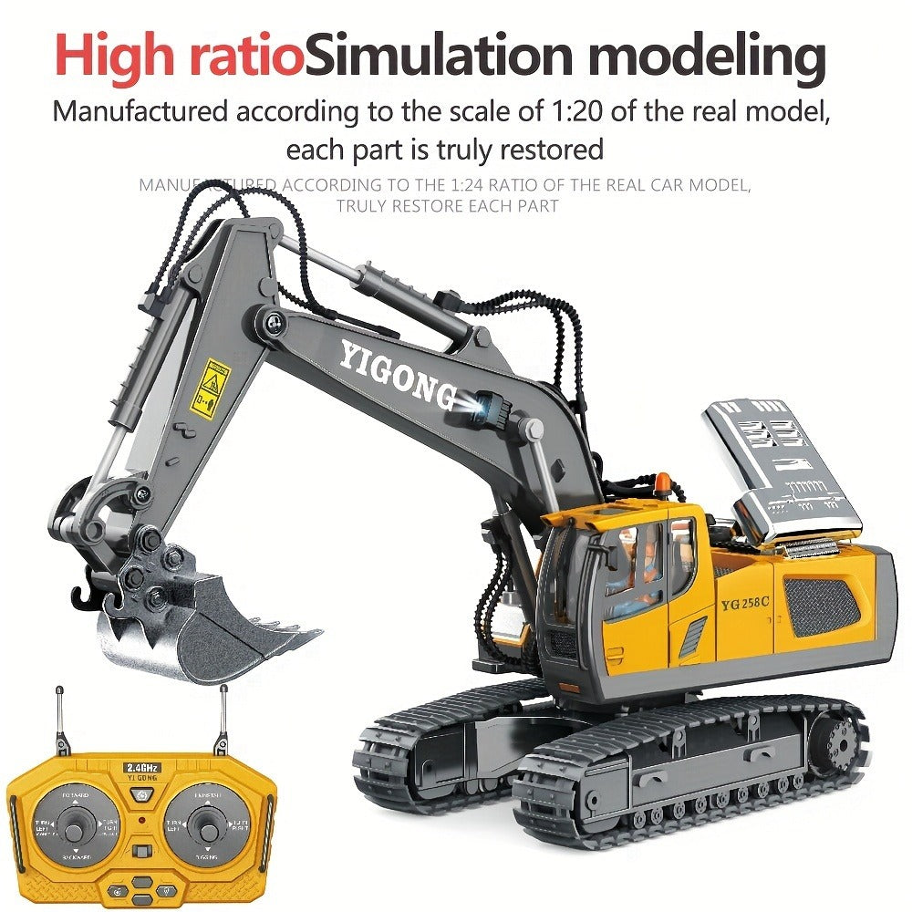 RC Excavator Toy 1:18 Scale 2.4GHz with Metal Scoop Lights Sound Effects 680-Degree Rotation, Remote Control Construction Vehicle Set Dump Truck Bulldozer Loader for Boys Ages 8+, Birthday Gift