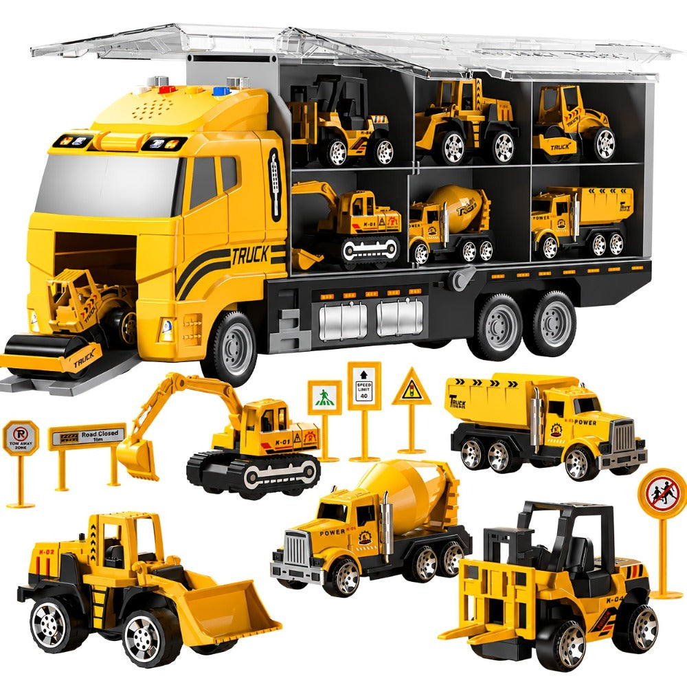 13-in-1 Construction Truck Vehicle Toy Set with Die-Cast Cars & Play Mat – Transport Carrier Truck Playset for Toddlers Kids Ages 3+, STEM Learning, Christmas & Birthday Gift