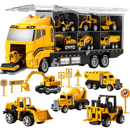 13-in-1 Construction Truck Vehicle Toy Set with Die-Cast Cars & Play Mat – Transport Carrier Truck Playset for Toddlers Kids Ages 3+, STEM Learning, Christmas & Birthday Gift