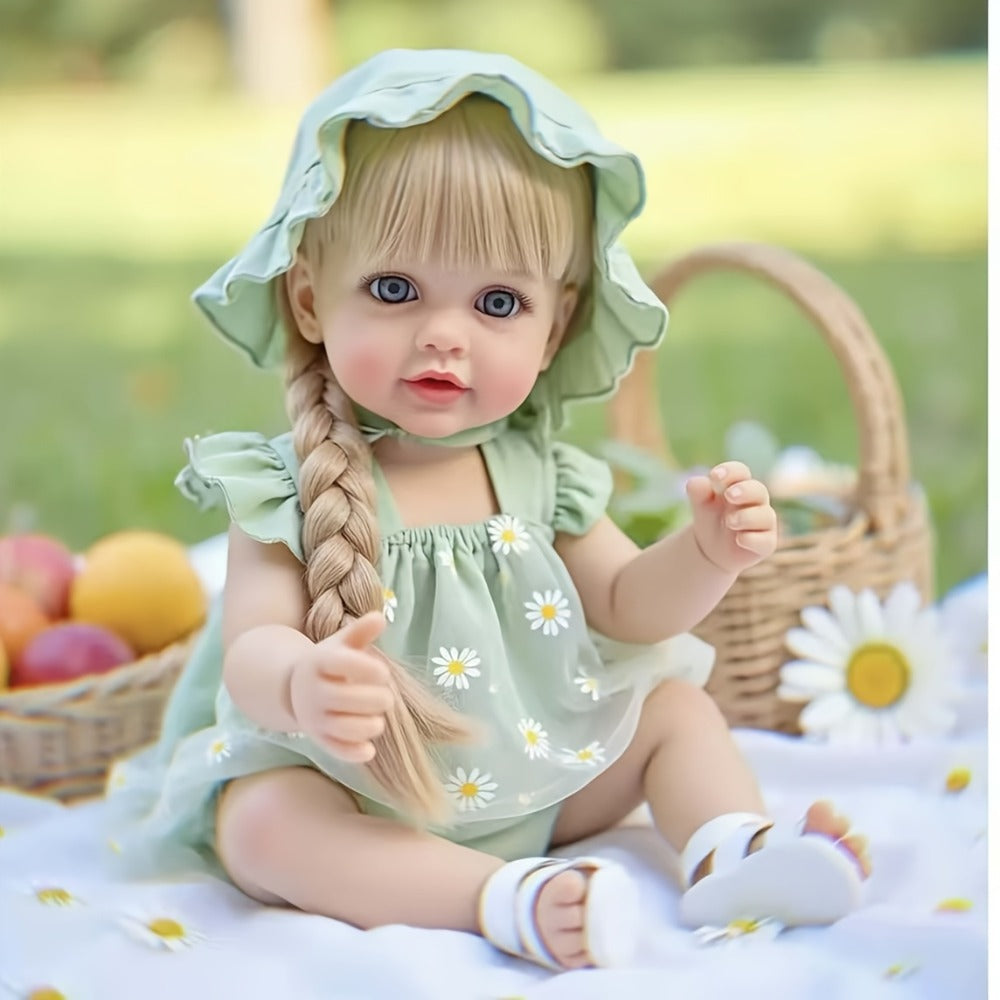 Bath Safe Reborn Baby Doll 22 Inch 55CM Full Vinyl Long Hair – Poseable Stand Sit Lay, Hand-Painted Lifelike Newborn Girl, Gift Set with Outfit Pacifier Bottle for Kids Ages 3+ & Collectors