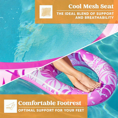Recliner Pool Float Lounger for Adults – Inflatable Zero-Gravity Floating Chair with Cup Holders, Mesh Seat & Foot Rest, Pink Tropical Leaf Design, Summer Pool Party Water Toy