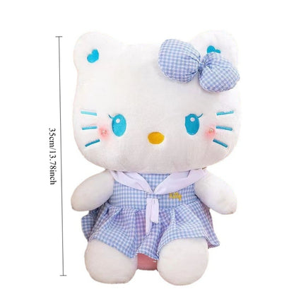 Hello Kitty Oversized Plush Stuffed Toy 13.78 Inch — Sanrio Licensed Dress-Up KT Cat Soft Doll, Kawaii Home Decor & Cuddle Pillow, Birthday Gift for Girls Teens Pink Blue Plaid