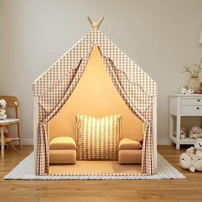 Kids Play Tent for Indoor & Outdoor – Lovely Checked Cabin Style Polyester Playhouse for Toddlers & Children, Role Play Pretend House, Perfect Birthday & Holiday Gift for Boys and Girls
