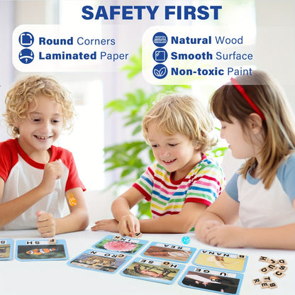 Spelling Flash Card Game for Kids Ages 4-8 — 224 Phonics Sight Word Flashcards, 208 Wood Letter Tiles & Dice, Kindergarten Homeschool ESL Autism Learning Toy, Birthday Christmas Gift