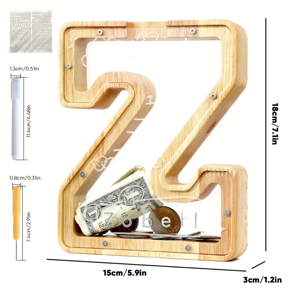 Alphabet Wooden Money Bank for Adults A to Z Letter Piggy Bank – Personalized Coin Bank Home Decor Craft Art Decoration, Ideal Gift for Ages 14 and Up