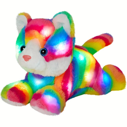 Glowing Rainbow Cat Stuffed Animal Plush Toy — Colorful LED Light Up Musical Soft Plush Kitten Doll for Kids Girls Boys | Birthday Christmas New Year Party Gift | Room & Party Decor