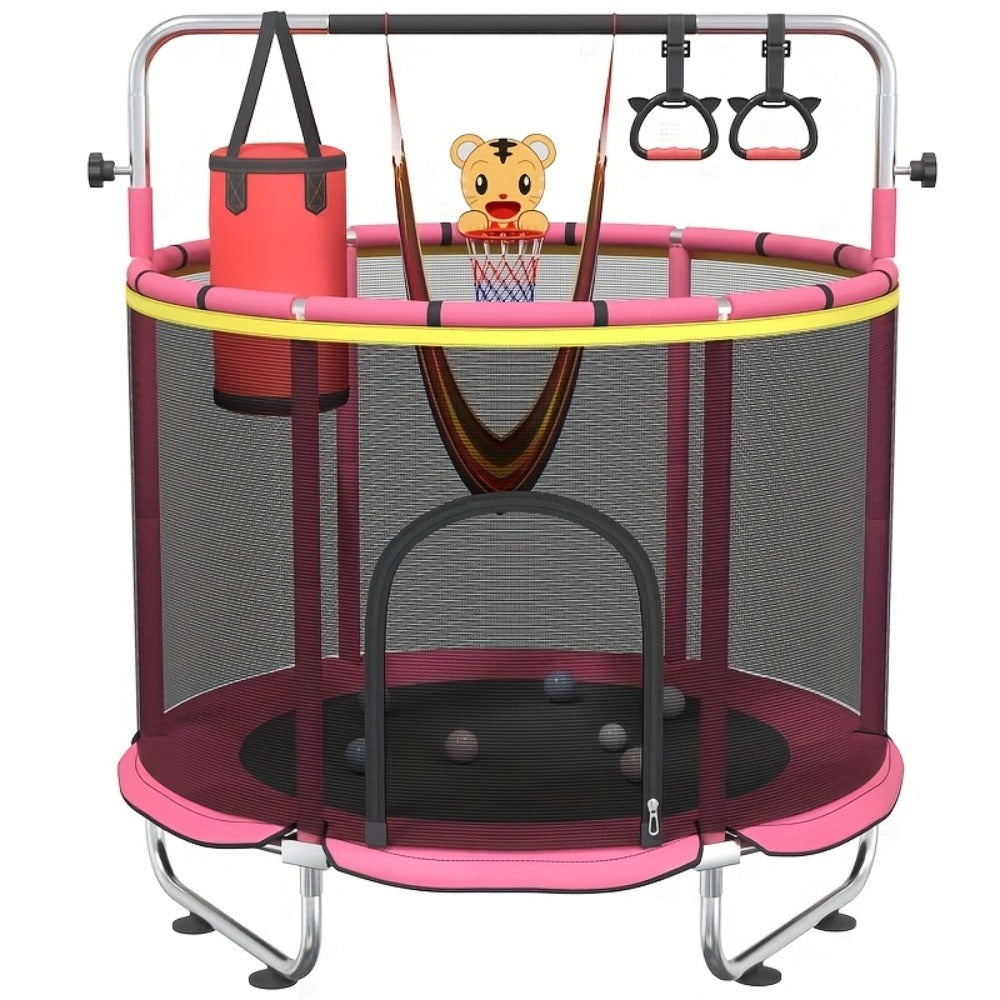 60 Inch Trampoline with Enclosure and Gymnastics Bar – 440 Lbs Capacity Height Adjustable Indoor Outdoor Round Trampoline with Toys for Kids | Best Birthday Gift for Boys and Girls