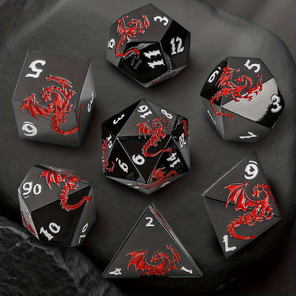 7pcs Of Retro Metal Dice Set, Finely Carved Pattern Fonts And Dragon Patterns, Including A Storage Bag with Dragon Patterns, Essential for TRPG Games, Tabletop Role-playing Game Props, Polyhedral Dice, D20 D12 D10 D8 D6 D4, Handmade Polishing
