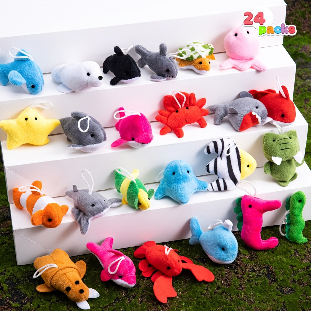 24pcs Mini Sea Animal Plush Toys Bulk Set – Stuffed Ocean Animal Keychains for Party Favors, Pinata Fillers, Goodie Bag Stuffers, Easter Basket, Classroom Prizes, Birthday Christmas Gifts for Kids
