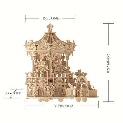 Rotating Merry-Go-Round Wooden Puzzle Kit – Mechanical Carousel 3D Model for Adults & Teens, DIY Kinetic Display Piece, Unique Christmas Birthday Gift (Treehouse, Cello, Airship, Pumpkin Styles)
