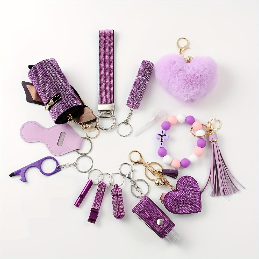 Women's Rhinestone Keychain Set 13-Piece – Safety Gadgets with Window Breaker Whistle Hand Sanitizer Holder Perfume Bottle Beaded Bracelet PU Tassel, Holiday Gift Box for Women