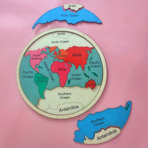 Wooden World Map Puzzle for Kids – Seven Continents Geography Learning Toy, Colorful STEM Educational Puzzle, Montessori Gift for Boys & Girls Ages 3+, 7.8"x7.8"