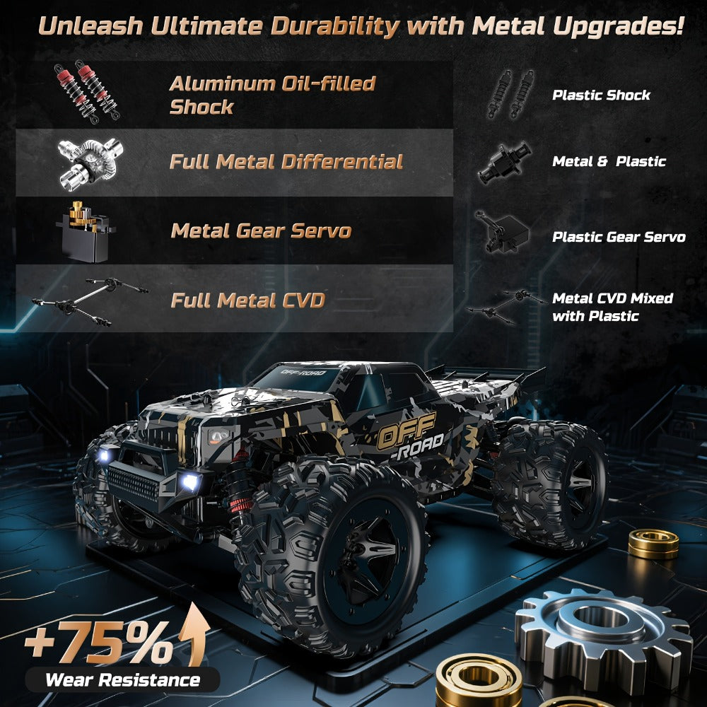 DEERC 1/16 All-Metal 42KM/H RC Truck 4WD Off-Road Monster Truck with Dual 1500mAh Batteries, LED Headlights & Wheelie Bar – High Speed Remote Control Car for Adults & Hobbyists (Black)