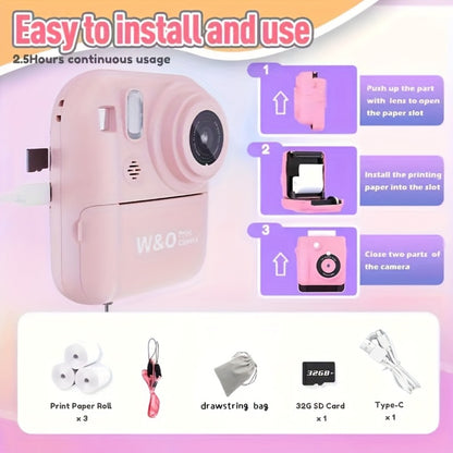 Kids Instant Print Camera 3-in-1 with MP3 & Games – 10x Zoom, 2.4" HD Screen, 32GB Card, Prints Photos in 1 Second, Birthday & Holiday Gift for Girls & Boys