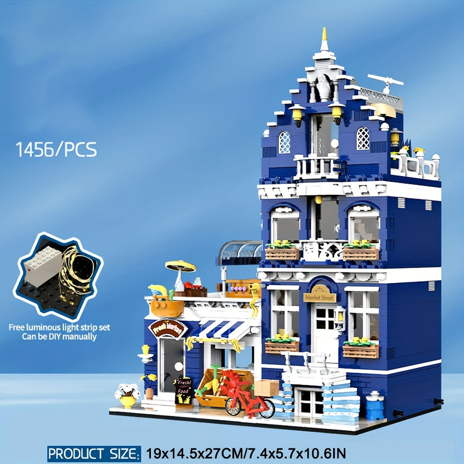 Modular City Street Building Blocks Set – European Architecture Scene with Grocery Store & Market Street, 3-Level Mini Brick Model, Creative Assembly Toy for Adults & Teens, Home Decor Display