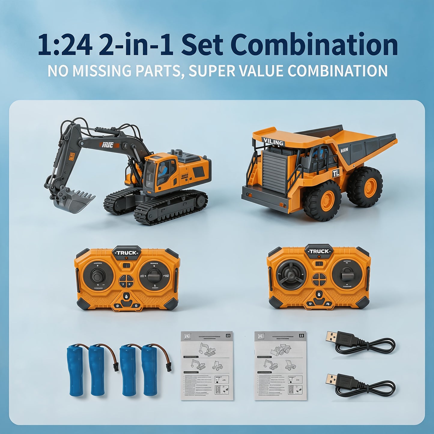 [Remote Control Toy Car] 4pcs/ 3pcs/ 2pcs Remote Control Engineering Vehicle Set, 2.4G 1:24 & 1:64 High-Tech 11-Channel RC Excavator, Dump Truck & Bulldozer Alloy Plastic Construction Toy Car Kit