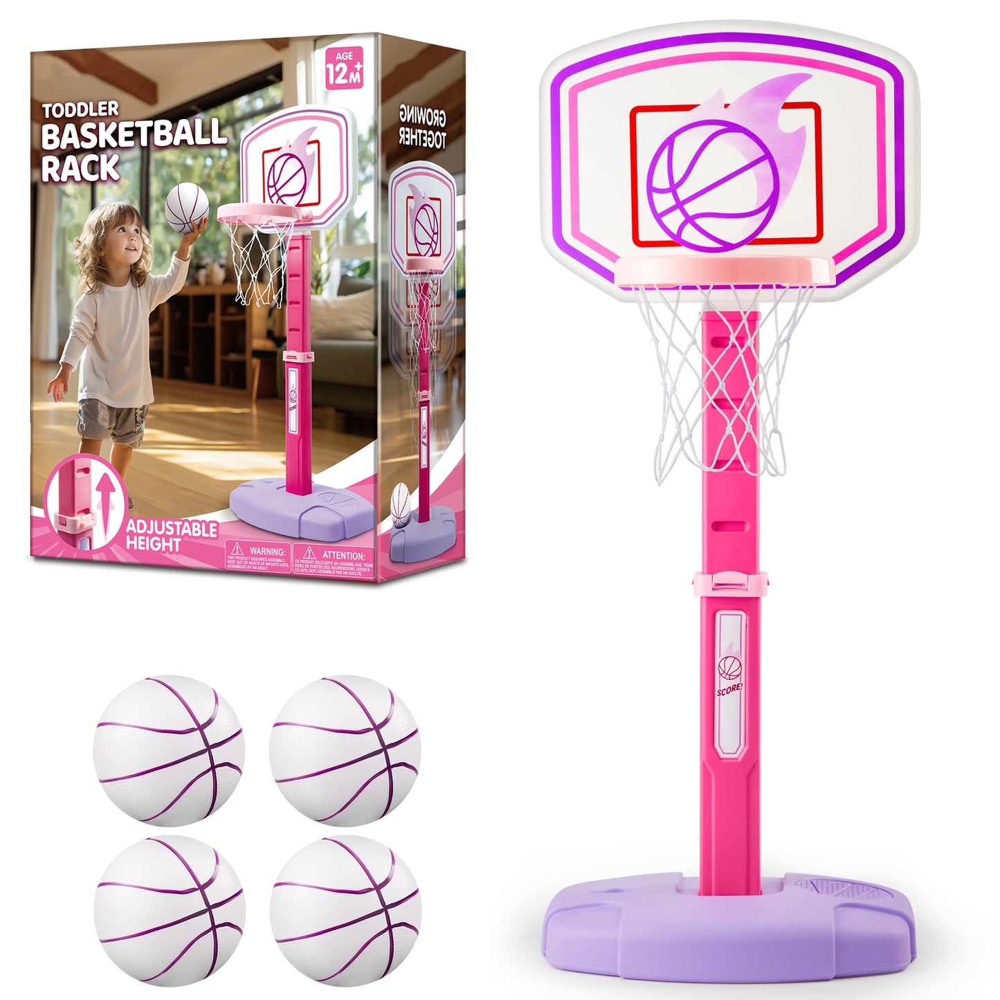 Toddler Basketball Hoop Adjustable Height 2.5-3.5ft Kids Basketball Goal with 4 Balls Air Pump Indoor Outdoor Sports Toy for Boys Girls Ages 1-6 Birthday Christmas Easter Gift Pink Purple