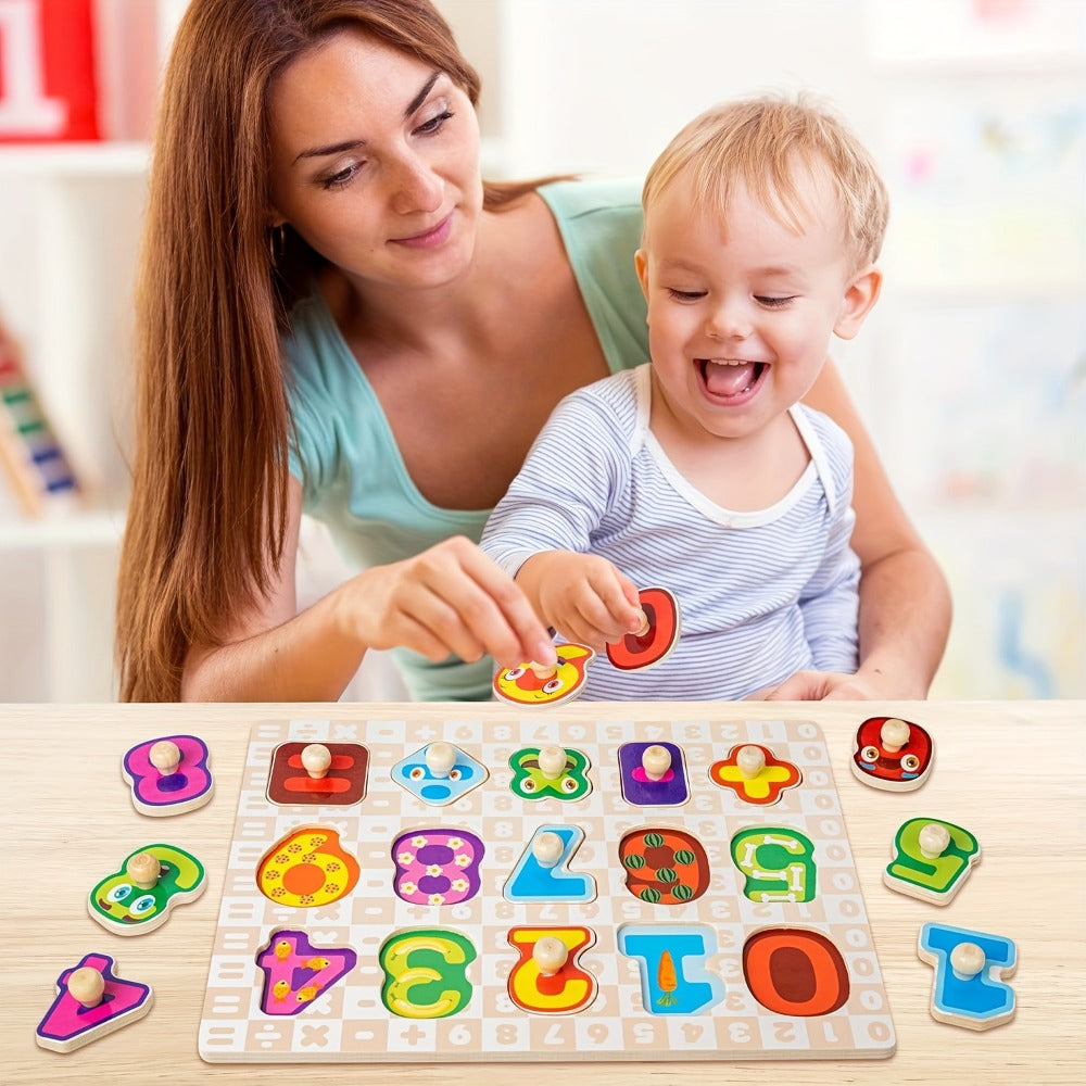 6-in-1 Wooden Puzzle Set for Toddlers 1 2 3 Year Old – Alphabet Number Shape Animal Dinosaur Vehicle Puzzles with Storage Rack, STEM Educational Learning Toy Gift for Baby Boys Girls