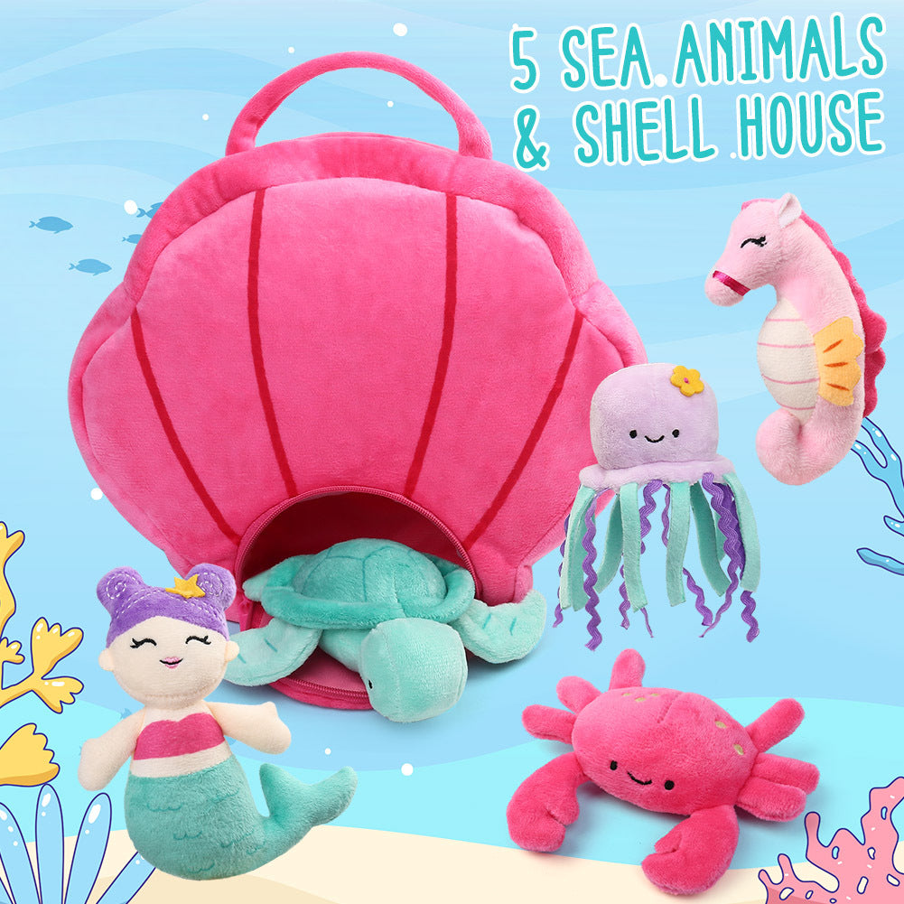 Ocean Stuffed Animals, 5 Pack Small Sea Creature Plush Toys and Shell Carrying Bag Set, Cute Plushies for Baby Kids, Sea Turtle, Octopus, Mermaid, Seahorse, Crab