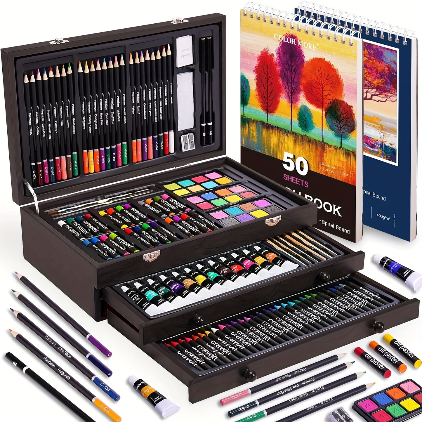 175-Piece Deluxe Art Set in Wooden Case – Drawing Pads Crayons Acrylic Paints Colored Pencils Complete Professional Art Kit Gift for Kids Teens Adults Birthday Christmas