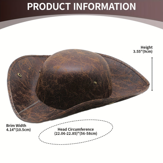 Vintage Distressed Faux Leather Pirate Hat: Wide Brim Pirate Hat - Brown Faux Leather Tricorn Hat for Men, Women, Halloween Costumes, Cosplay