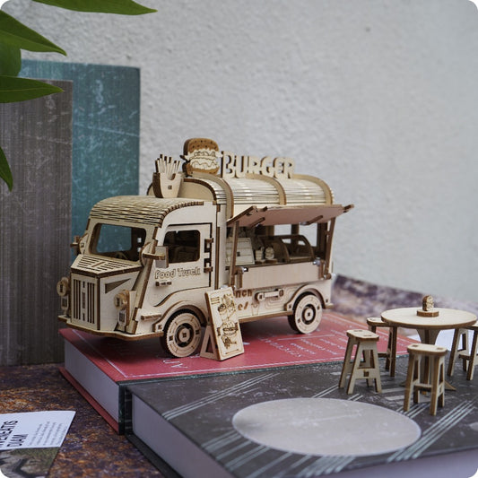 3D Puzzle Fast Food Truck Set - Innovative Basswood Model Building Toy, Yellow - Ideal for Christmas And for Halloween Presents, Suitable for Halloween