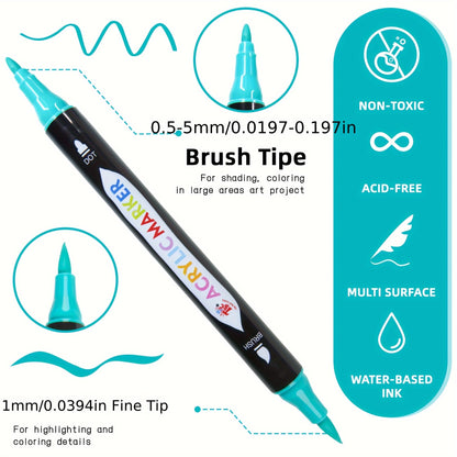 TBC The Best Crafts Dual Tip Acrylic Paint Markers, Non-Toxic, Odorless, Suitable for Paper, Pottery, Stones, Backpacks, Glass