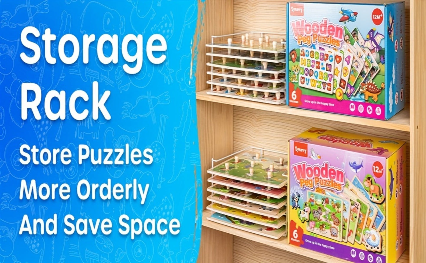 6-in-1 Wooden Puzzle Set for Toddlers 1 2 3 Year Old – Alphabet Number Shape Animal Dinosaur Vehicle Puzzles with Storage Rack, STEM Educational Learning Toy Gift for Baby Boys Girls