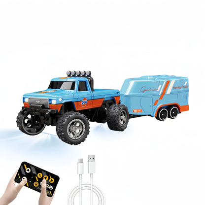 Mini RC Truck Toy, 2.4GHz Off-Road Alloy Truck, 1:64 Scale Mini RC Truck (with Trailer, Body Lights & Headlights), Crawler Toy, Adjustable Speed/Steering, Collectible Truck Model, Perfect Holiday Gift