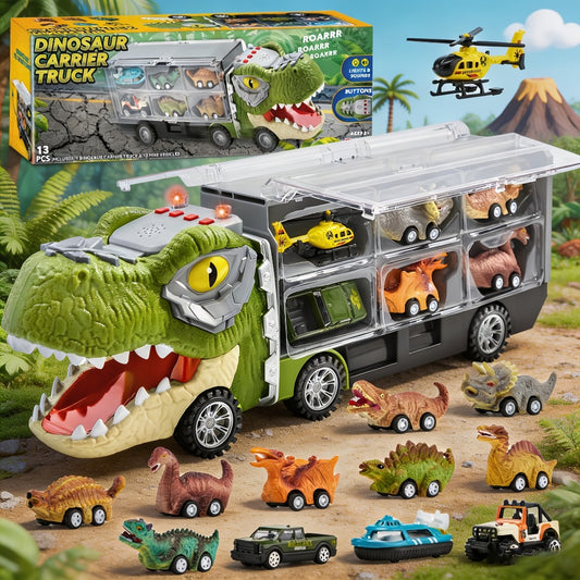 Dinosaur Truck Toy Set 13 PCS – Transport Carrier Truck with Lights & Sounds + 8 Pull-Back Cars + 3 Die-Cast Dino Vehicles + Helicopter | Friction Powered Dinosaur Toy for Boys Ages 3+ | Best Birthday Christmas Gift