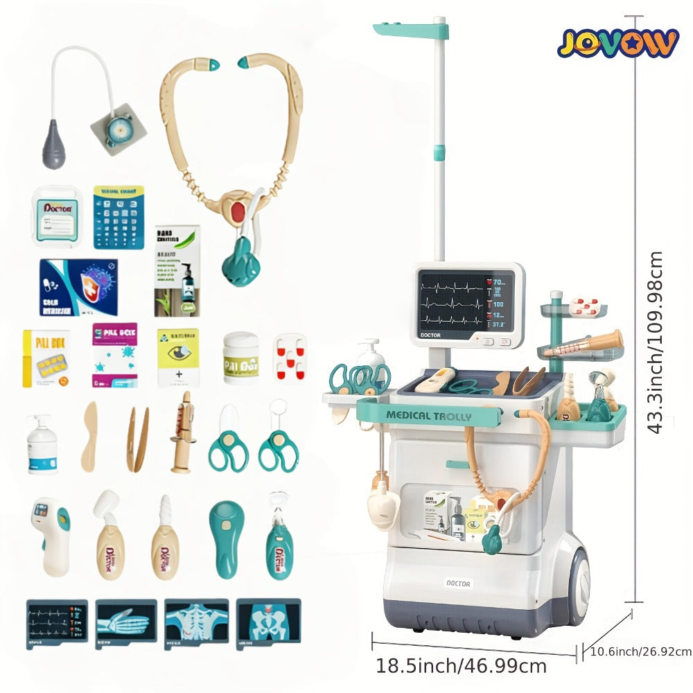 Kids Doctor Kit Medical Cart Set – Movable Toy Trolley with Stethoscope, Thermometer & Medical Accessories, Doctor Nurse Role Play Toy, Birthday Gift for Boys & Girls Ages 3+