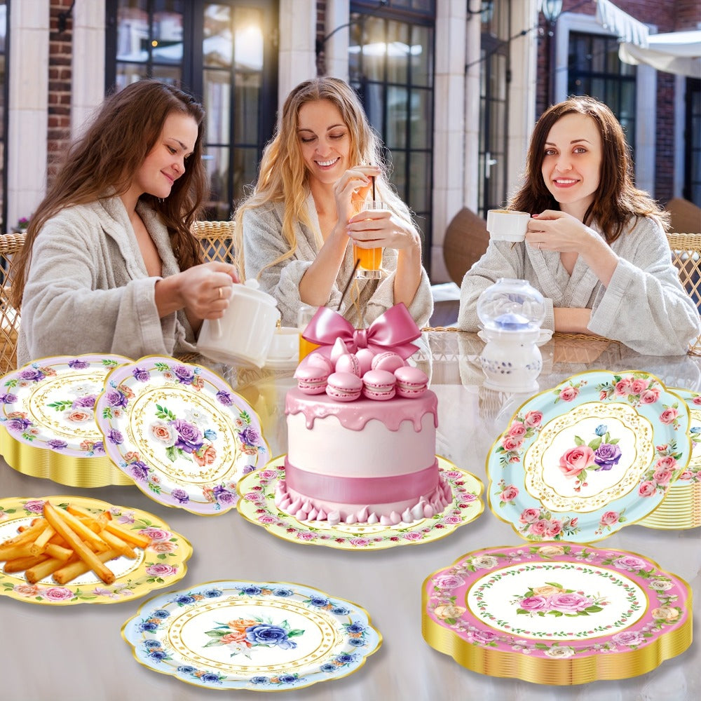 Floral Paper Plates 48 Pack – Disposable Tableware for Tea Parties, Birthday, Bridal Shower, Engagement, Wedding & Baptism Celebrations