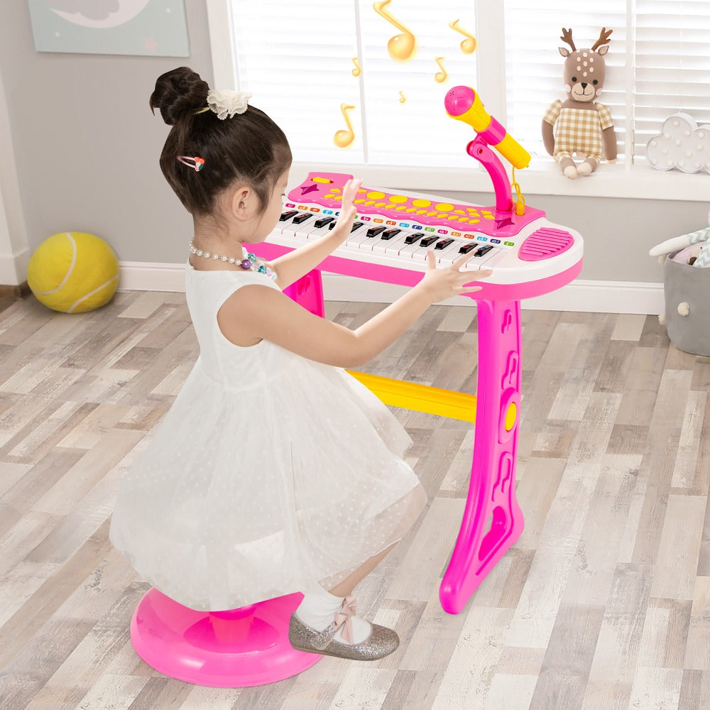 COSTWAY 31-Key Piano Keyboard Toy with Stool, Portable Electronic Music Instrument, Adjustable Microphone, Recording And Playback Features, Light Effects, Educational Gift for Kids Aged 3 And Up