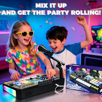 Children's Multi-functional DJ Mixing Controller Set Toy, with LED Lights, Sound Effects, Microphone, And Piano DJ Keyboard Instrument. An Interactive Music Toy for Children, Featuring Over 100 Sound Effects, Piano Keys, Disco Mode, And Rechargeable