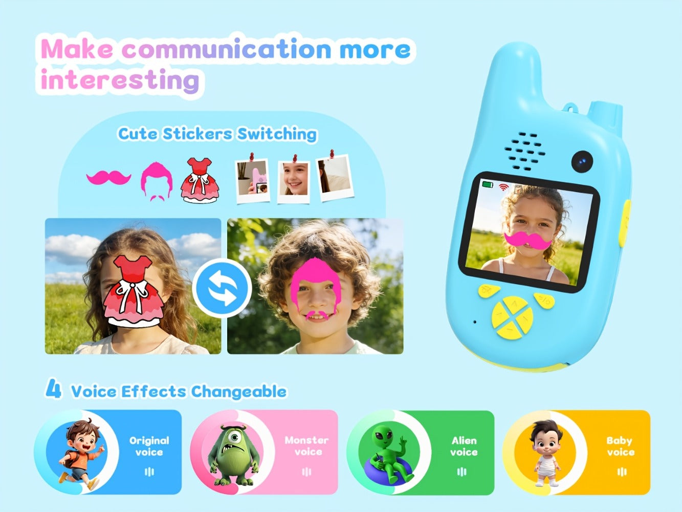 Video Walkie Talkies (2pcs) with Voice Changer, Video Call, Take A Picture, Dual Cameras for Indoor Play Camping Hiking Travel Birthday Gift, Outdoor Communication, Travel Essentials, Colorful Design, Durable(2412-2462MHZ)