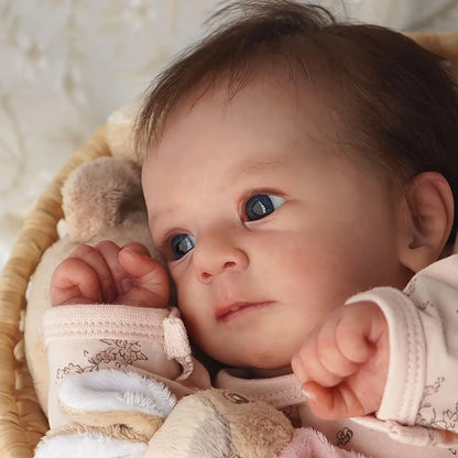 Pink Reborn Baby Doll 16 Inch Hand-Rooted Brown Hair Cloth Body Vinyl Limbs Hand-Painted Skin – Lifelike Newborn Girl Angie with Pacifier Feeding Container Birth Certificate, Gift for Kids Ages 3+
