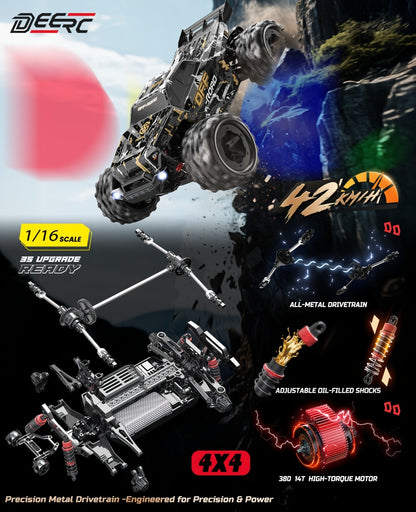 DEERC 1/16 All-Metal 42KM/H RC Truck 4WD Off-Road Monster Truck with Dual 1500mAh Batteries, LED Headlights & Wheelie Bar – High Speed Remote Control Car for Adults & Hobbyists (Black)